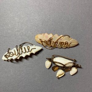 Vintage shell name mother of pearl pin brooches
